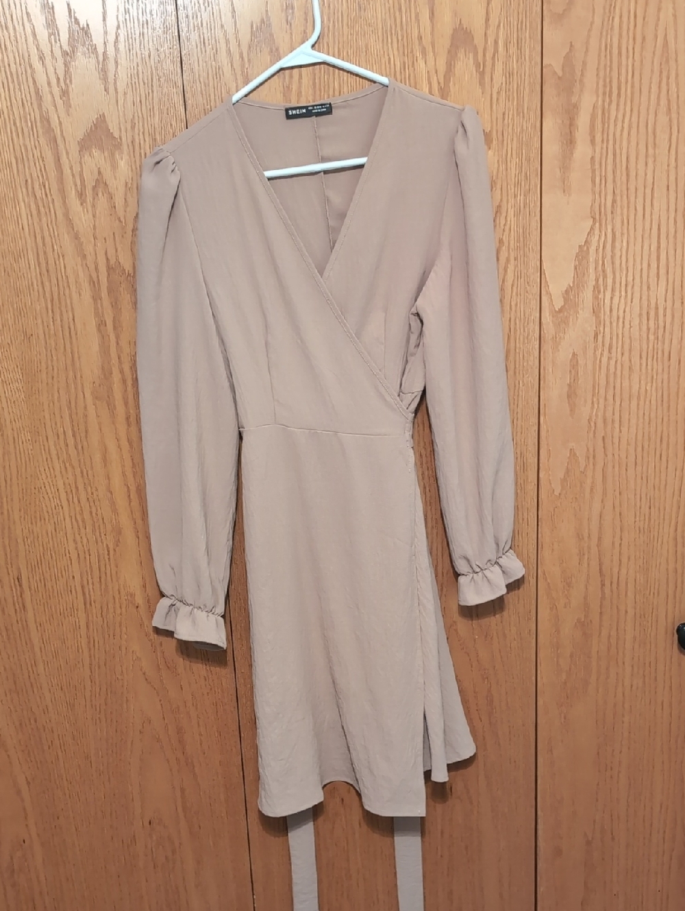 SHEIN Taupe Long Sleeve Wrap Dress with Ruffle Cuffs